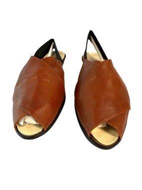 Brown Leather Open-Toe Slingback Flats